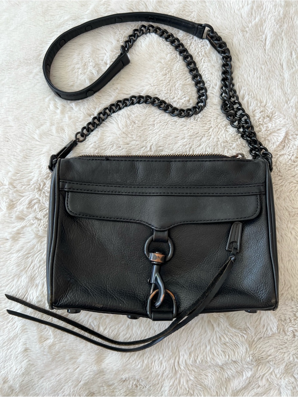 Rebecca Minkoff Mini M.A.C. Black Leather Crossbody with Black Chain Strap